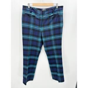 LL Bean Signature Pants Women 16 Blue Green Plaid  Wool Trousers Preppy Clue